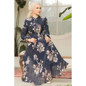 Neva Style Çiçek Desenli Lacivert Tesettür Elbise 50355L