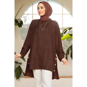 Neva Style Düğme Detaylı Kahverengi Tesettür Tunik 41281KH