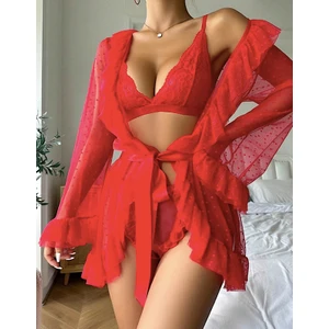 my cherie Puantiye Fırfırlı Tüllü Dantel Kimono Külot Sütyen Takım Seksi Gecelik 
