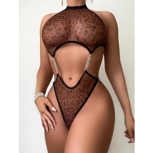 my cherie Leopar Baskılı Tülden Zincirli Bodysuit Fantezi Gecelik