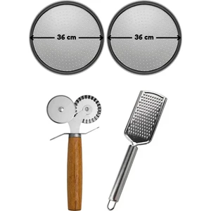 Kitchen Design Lab Büyük Boy Delikli Pizza Tepsisi 36 cm x 2 Adet Çift Başlı Pizza Ruleti ve Çelik Peynir Rendesi