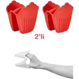 Holly Home 2'li Silikon Cupcake Kırmızı Fırın Eldiveni, Tepsi Tutacağı, Mikrodalga Tutacak, Yanmaz Eldiven