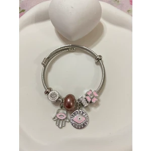 Bella Piovere Pembe Göz El Charm Çelik Bileklik