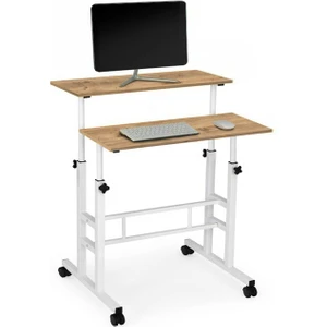 Yükseklik Ayarlı Bilgisayar/Laptop Ve Çalışma Masası - Çam Beyaz 80 x 60 cm (Tekerli) Oval Kenar