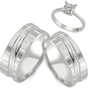 Takı Dükkanı Mat Çizgili Gümüş Çift Alyans Söz Yüzüğü + Tektaş dga06