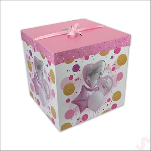 Süsle Bebek ve Parti Kapaklı, Katlanır Demonte Karton Kutu, 30CM - Balon & Pembe