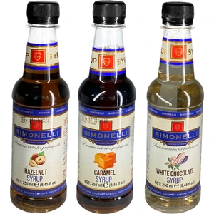 3'lü Şurup Seti (Karamel + Beyaz Çikolata + Fındık) Kahve ve Kokteyl Şurubu 3X250ml