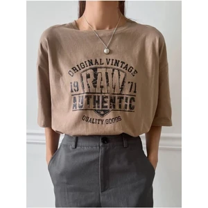 Black Sokak Kadın Açık Kahve Original Vintage Raw Baskılı Oversize Bisiklet Yaka Tshirt
