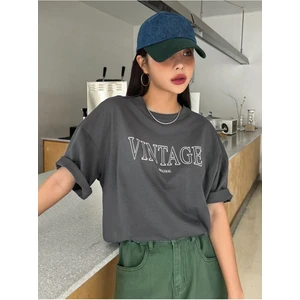 Black Sokak Blacksokak Kadın Antrasit Vintage Baskılı Oversize Bisiklet Yaka Tshirt