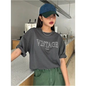Black Sokak Blacksokak Kadın Antrasit Vintage Baskılı Oversize Bisiklet Yaka Tshirt