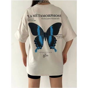 Black Sokak Radjeanss Kadın Bej Kelebek Oversize Bisiklet Yaka Tshirt