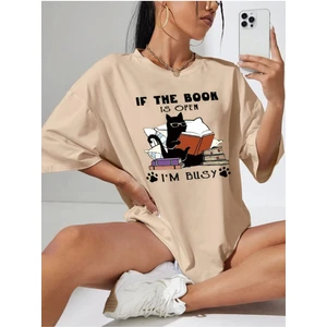 Black Sokak Blacksokak Kadın Bej If The Book Baskılı Oversize Bisiklet Yaka Tshirt