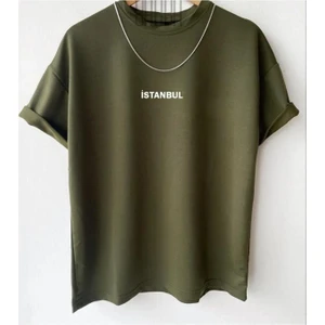 Black Sokak Erkek Haki Istanbul Baskılı Oversize Bisiklet Yaka Tshirt