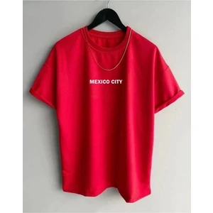 Black Sokak Erkek Kırmızı Mexıco Cıty Baskılı Oversize Bisiklet Yaka Tshirt