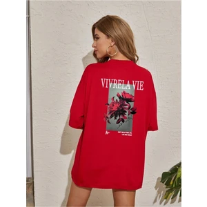 Black Sokak Unisex Kırmızı Vivre La Vie Baskılı Oversize Bisiklet Yaka Penye Tişört