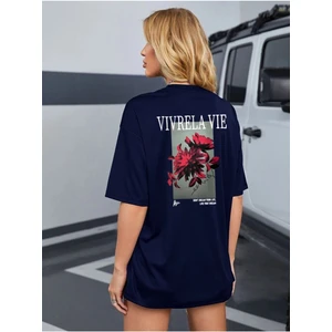 Black Sokak Unisex Lacivert Vivre La Vie Baskılı Oversize Bisiklet Yaka Penye Tişört