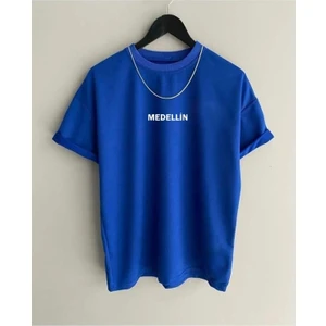 Black Sokak Erkek Mavi Medellin Baskılı Oversize Bisiklet Yaka Tshirt