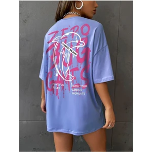Black Sokak Blacksokak Kadın Mavi Zero Bug Games Baskılı Oversize Bisiklet Yaka Tshirt