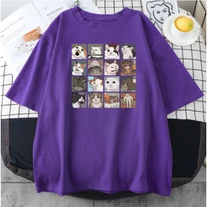 Black Sokak Blacksokak Erkek Mor Cat Baskılı Oversize Bisiklet Yaka Tshirt