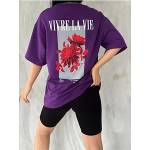 Black Sokak Unisex Mor Vivre La Vie Baskılı Oversize Bisiklet Yaka Penye Tişört