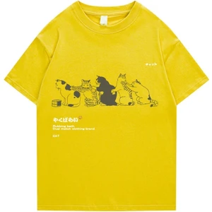 Black Sokak Blacksokak Erkek Sarı Kedi Baskılı Oversize Bisiklet Yaka Tshirt