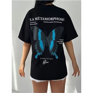 Black Sokak Kadın Siyah Kelebek Oversize Bisiklet Yaka Tshirt