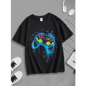 Black Sokak Blacksokak Erkek Çocuk Siyah Gamepad Baskılı Oversize Bisiklet Yaka Tshirt