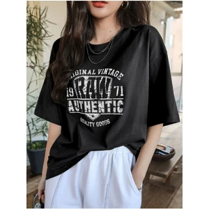 Black Sokak Kadın Siyah Original Vintage Raw Baskılı Oversize Bisiklet Yaka Tshirt
