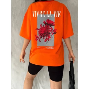 Black Sokak Kadın Turuncu Vivre La Vie Baskılı Oversize Bisiklet Yaka Penye Tişört