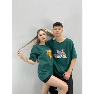 Black Sokak Blacksokak Unisex Tshirt Yeşil Tom ve Jerry Baskılı Sevgili Çift Kombini 2 'li Set