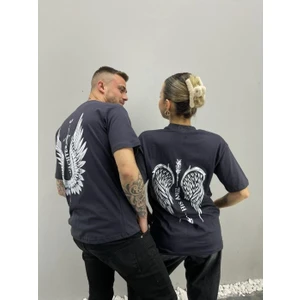 Black Sokak Blacksokak Unisex Tshirt Antrasit Melek Kanadı Baskılı Sevgili Çift Kombini 2 'li Set