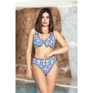 Kadın Mavi Beyaz Desenli Göğüs Askılı Astarlı Yüksel Bel Bikini Takım HZL24S-AR1608