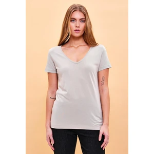 Kadın Boyfriend Gri V Yaka Regular Fit Modal T-Shirt (Lyocell)