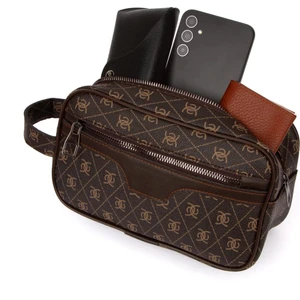 Erkek Kahverengi Deri Portföy Clutch Traş Kozmetik Bakım Ve Günlük El Çantası (14X24CM) tul374