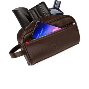 Erkek Kahverengi Deri Portföy Clutch Traş Kozmetik Bakım Ve Günlük El Çantası (14X24CM) tul374