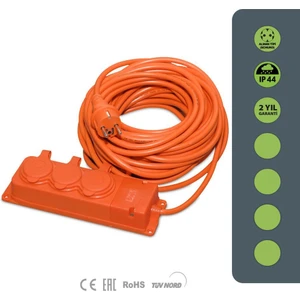 3WAY Serisi IP44 Seyyar Uzatma Kablosu 20  Metre 3g2,5mm² (Türk Malı, Yüksek Darbe Dayanımı, Ev/ofis , Dış Mekan, Turuncu Kablo)