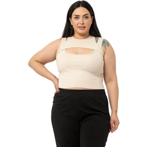 Disentis Modest Büyük Beden Göğüs Dekolteli Fitilli Kaşkorse Bej Rengi Body