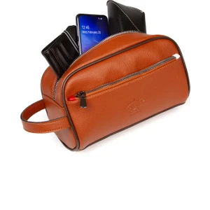 Erkek Taba Deri Portföy Clutch Traş Kozmetik Bakım Ve Günlük El Çantası (14X24CM) tul374