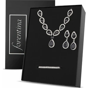 Gümüş Renk Siyah Taşlı Kolye Küpe Bileklik Takı Seti PS2790