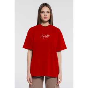 Friday Offset Friday Tee Kırmızı Kadın %100 Pamuk Ekstra Oversize Bisiklet Yaka T-Shirt