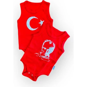 Atatürk ve Türk Bayrağı Tasarımlı Baskılı 2 Adet Kırmızı Çıtçıtlı Kolsuz Bebek Body Zıbın
