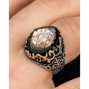 Gümüş Hz. Süleyman Mührü Sıkma Kehribar Taşlı 925 Ayar Gümüş Erkek Yüzüğü