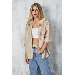 Ağaç Kabuğu Kumaş Cepli Oversize Gömlek 23483