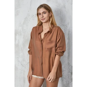 Ağaç Kabuğu Kumaş Cepli Oversize Gömlek 23483