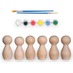 Montessori Toys Ahşap El Yapımı Peg Bebek 6'lı Boyama Seti Fırça Boya Dahil -Peg3-7,5cm