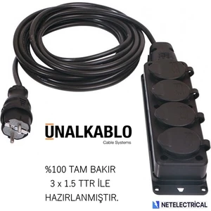 Ünal Kablo Kauçuk 4'lü (Dörtlü) 2 Metre Grup Priz (3x1.5 Ttr Tam Bakır Kablo)