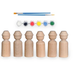 Montessori Toys Ahşap El Yapımı Peg Bebek 6'lı Boyama Seti Fırça Boya Dahil -PEG13-9,5CM