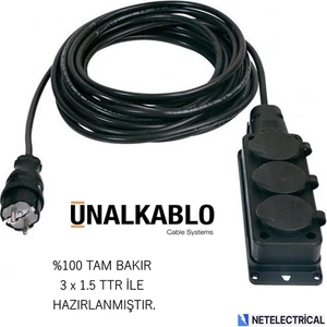 Ünal Kablo Kauçuk 3'lü (Üçlü) 10 Metre Grup Priz (3x1.5 TTR TAM BAKIR KABLO)