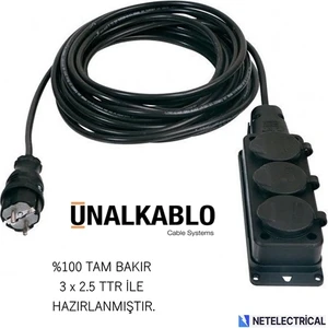 Ünal Kablo Kauçuk 3'lü (Üçlü) 10 Metre Grup Priz (3x2.5 TTR TAM BAKIR KABLO)