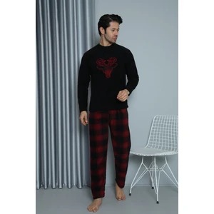 Erkek Siyah Bisiklet Yaka Polar Kareli Ekose Geyik Desenli Pijama Takımı 35003